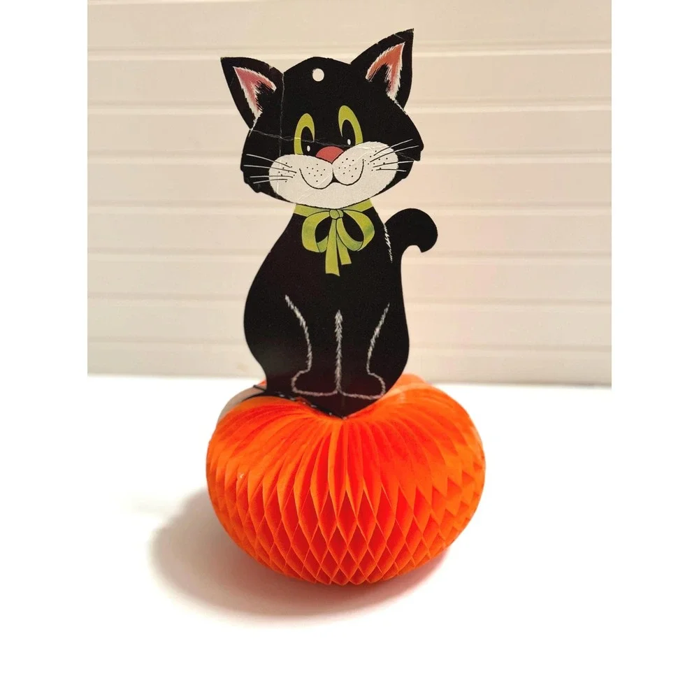 Vintage Honeycomb Halloween Decoration Black Cat on Pumpkin fall decor